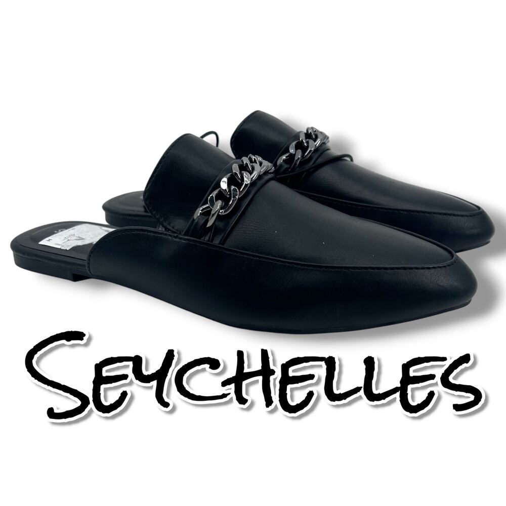 NWT Seychelles Luna Chain Loafer Mules 7.5 Black Silver Hardware Slip On Office